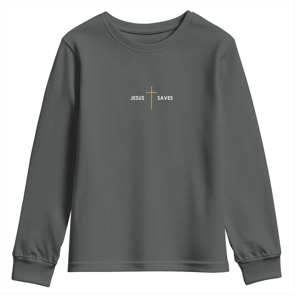 Jesus Saves Youth Sweatshirt Cross Subtle Christian Minimal Religious Faith TS11 Dark Heather Print Your Wear