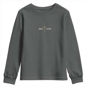 Jesus Saves Youth Sweatshirt Cross Subtle Christian Minimal Religious Faith TS11 Dark Heather Print Your Wear