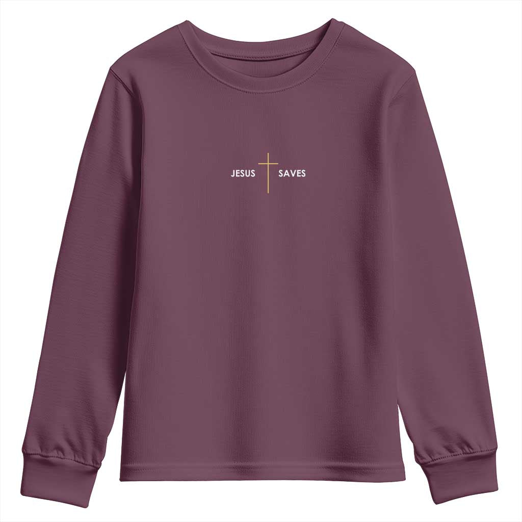 Jesus Saves Youth Sweatshirt Cross Subtle Christian Minimal Religious Faith TS11 Maroon Print Your Wear