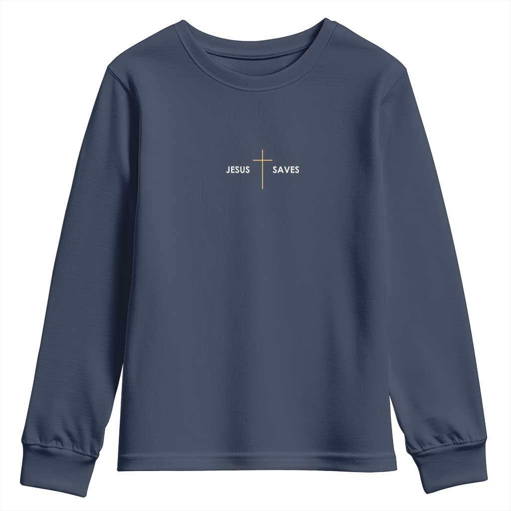Jesus Saves Youth Sweatshirt Cross Subtle Christian Minimal Religious Faith TS11 Navy Print Your Wear