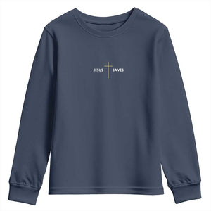 Jesus Saves Youth Sweatshirt Cross Subtle Christian Minimal Religious Faith TS11 Navy Print Your Wear