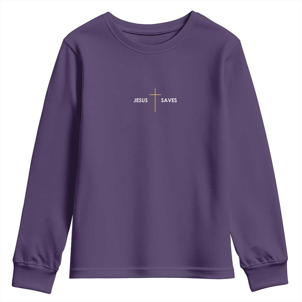 Jesus Saves Youth Sweatshirt Cross Subtle Christian Minimal Religious Faith TS11 Purple Print Your Wear
