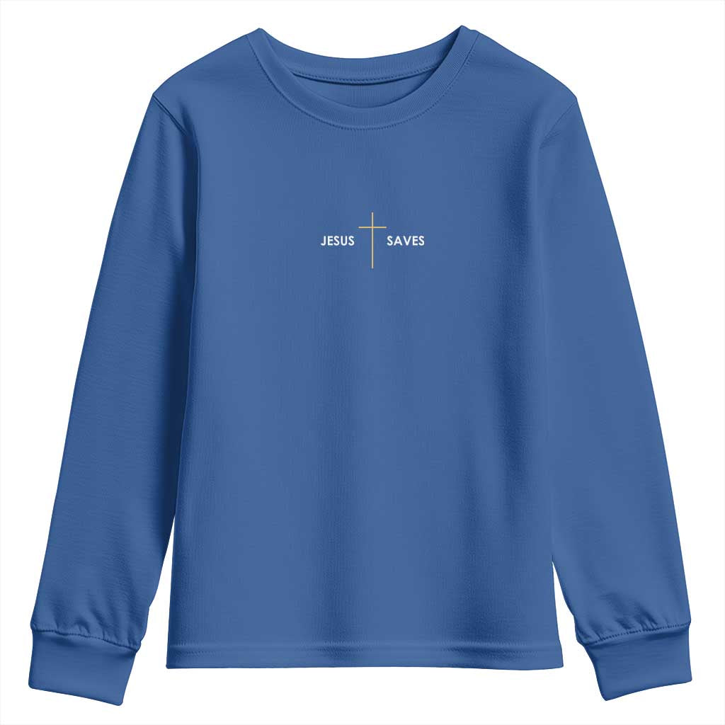 Jesus Saves Youth Sweatshirt Cross Subtle Christian Minimal Religious Faith TS11 Royal Blue Print Your Wear