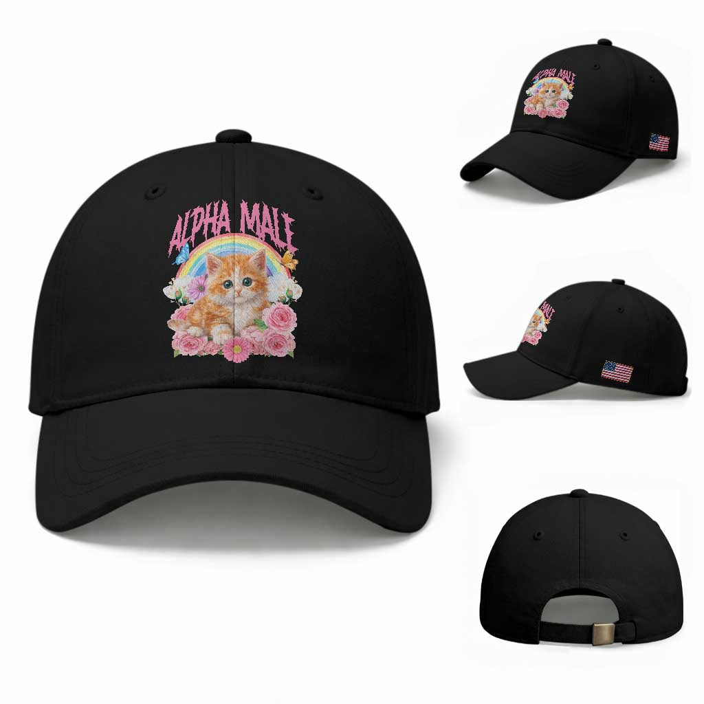Alpha Male Funny Cat Baseball Cap Vintage 90s Kitten Rainbow Floral Butterflies TS11 Baseball Cap Universal Fit Black Print Your Wear