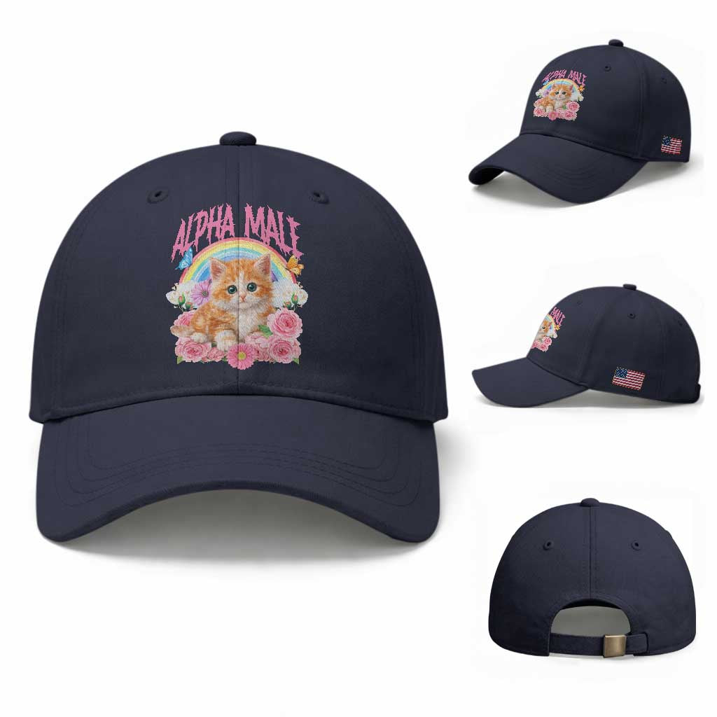 Alpha Male Funny Cat Baseball Cap Vintage 90s Kitten Rainbow Floral Butterflies TS11 Baseball Cap Universal Fit Navy Print Your Wear