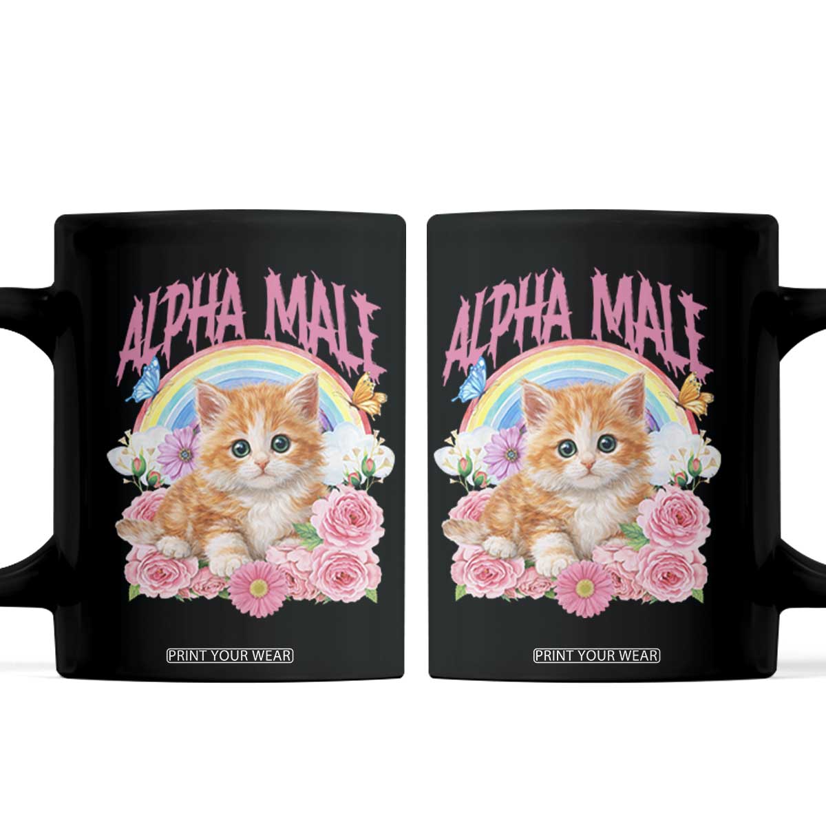 Alpha Male Funny Cat Coffee Mug Vintage 90s Kitten Rainbow Floral Butterflies TS11 Black Print Your Wear