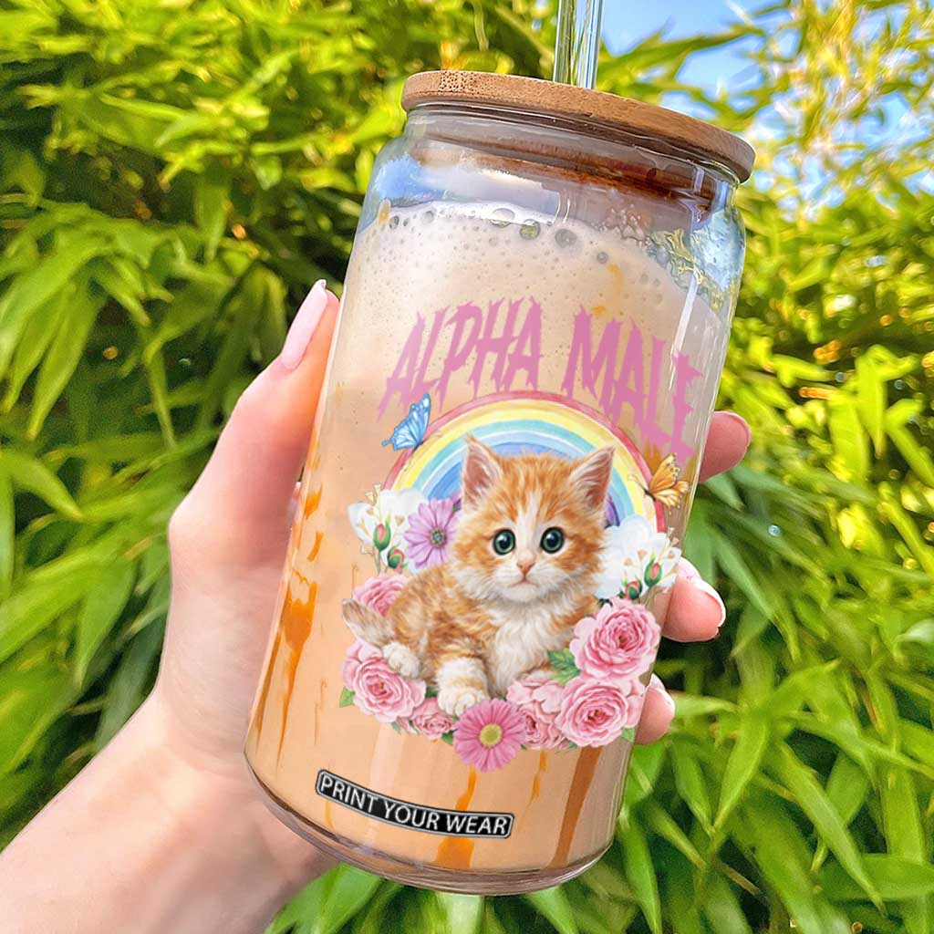 Alpha Male Funny Cat Glass Can Vintage 90s Kitten Rainbow Floral Butterflies TS11 Black Print Your Wear