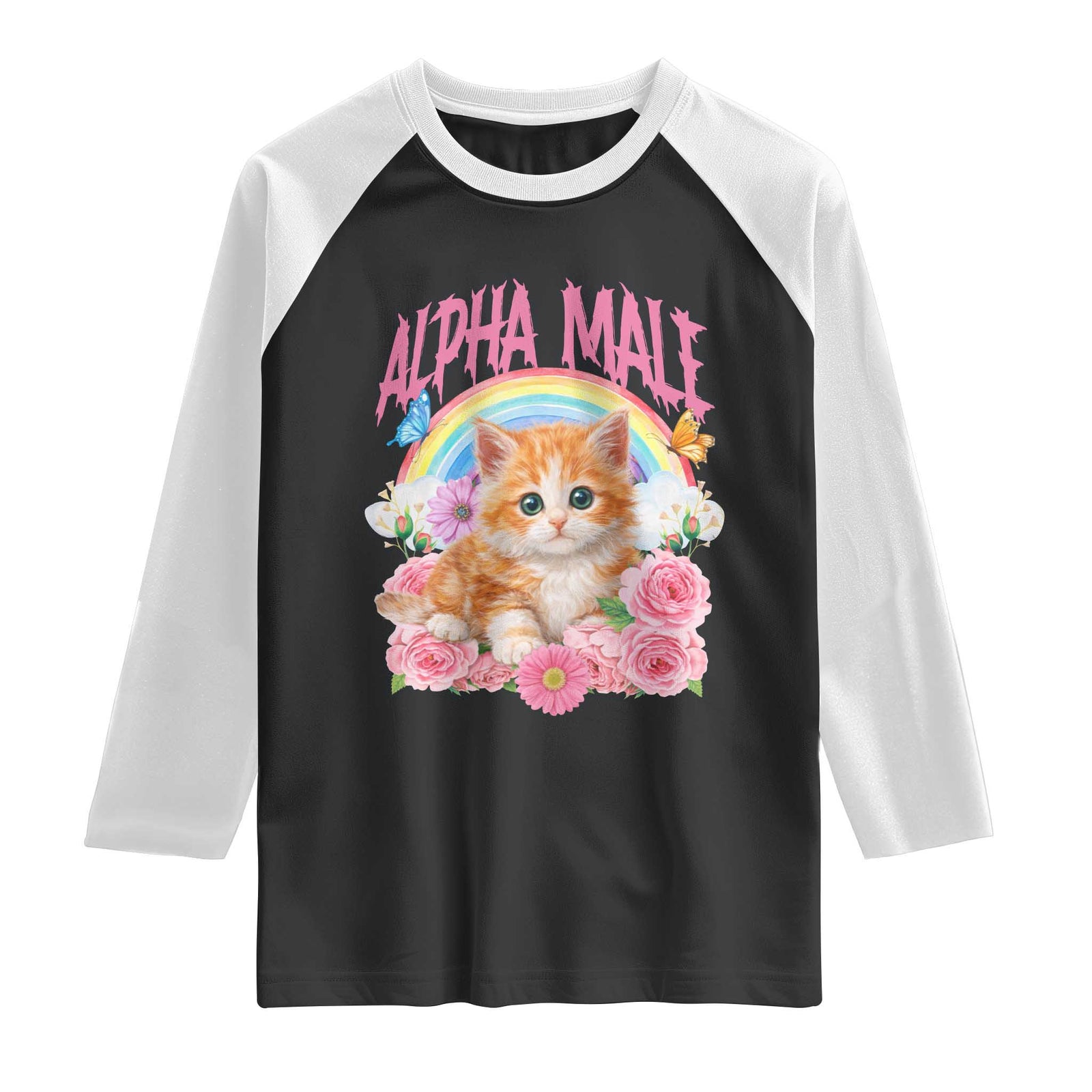 Alpha Male Funny Cat Raglan Shirt Vintage 90s Kitten Rainbow Floral Butterflies TS11 Black White Print Your Wear
