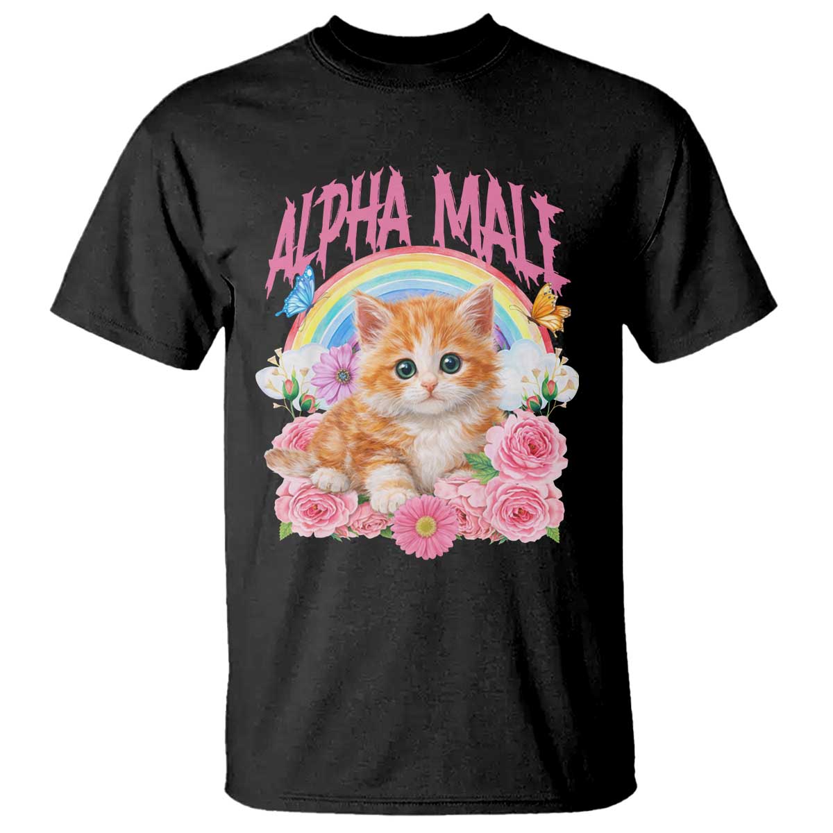 Alpha Male Funny Cat T Shirt Vintage 90s Kitten Rainbow Floral Butterflies TS11 Black Print Your Wear