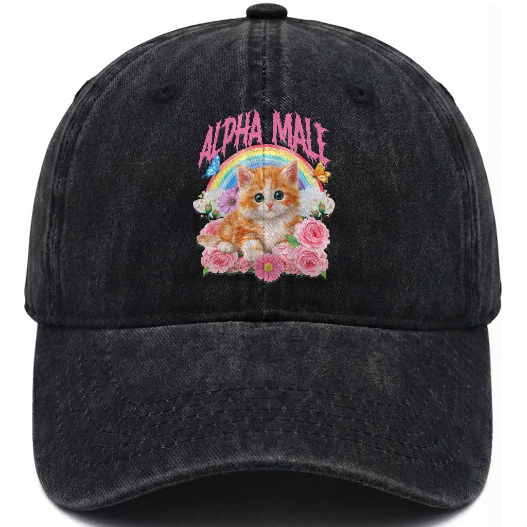 Alpha Male Funny Cat Washed Cotton Baseball Cap Vintage 90s Kitten Rainbow Floral Butterflies TS11 Print Your Wear