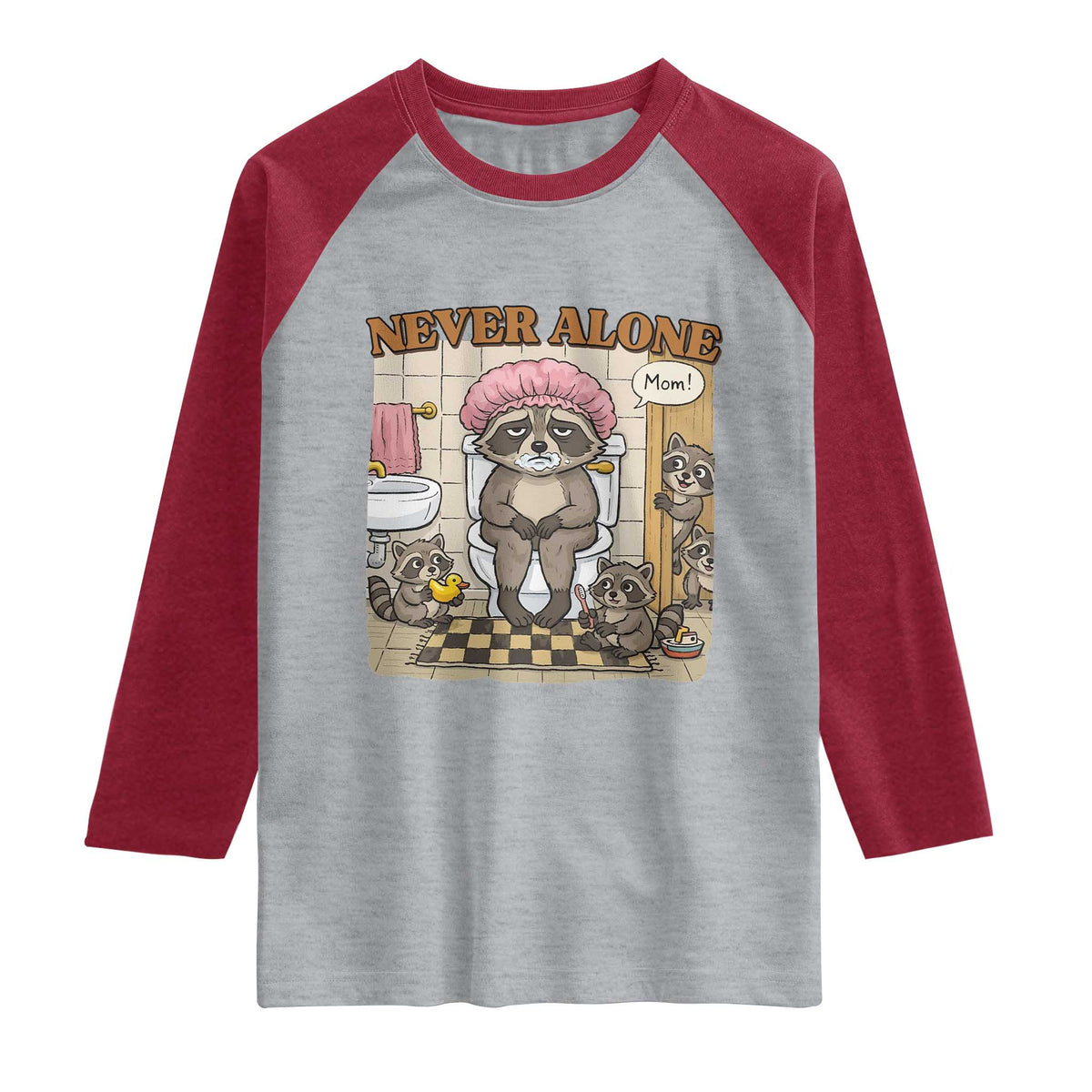 Never Alone Raccoon Mom Raglan Shirt Funny Mama Life Mothers Day TS11 Heather Gray Heather Red Print Your Wear