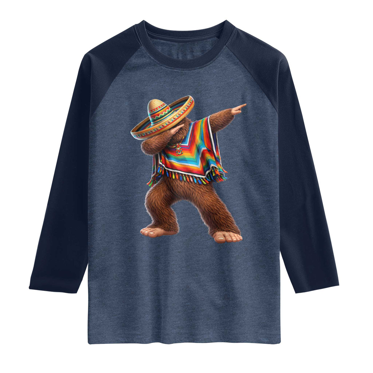 Mexican Bigfoot Dabbing Cinco de Mayo Funny Fiesta Raglan Shirt TS11 Heather Denim Navy Print Your Wear