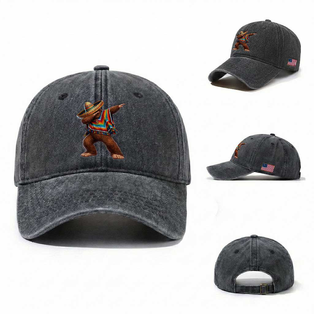 Mexican Bigfoot Dabbing Cinco de Mayo Funny Fiesta Washed Cotton Baseball Cap TS11 Washed Cap Universal Fit Dark Gray Print Your Wear