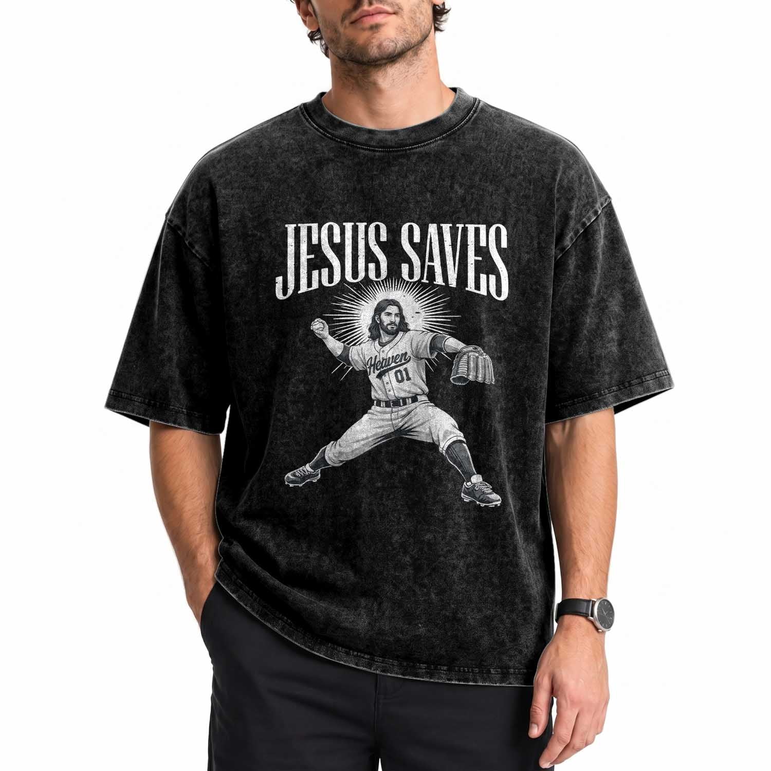 Christian Baseball Washed Cotton T-Shirt Jesus Saves Religious Faith Game Day