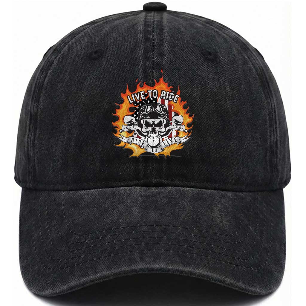 Funny Motorcycle Washed Cotton Baseball Cap Live To Ride And Ride To Live Biker Skeleton Rider