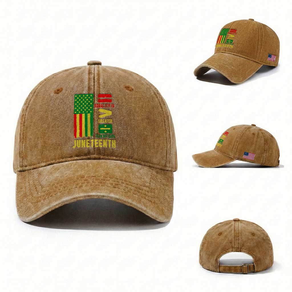 Juneteenth Equality Is Greater Than Division Washed Cotton Baseball Cap Juneteenth American Flag TS11 Washed Cap Universal Fit Yellow Ochre Print Your Wear