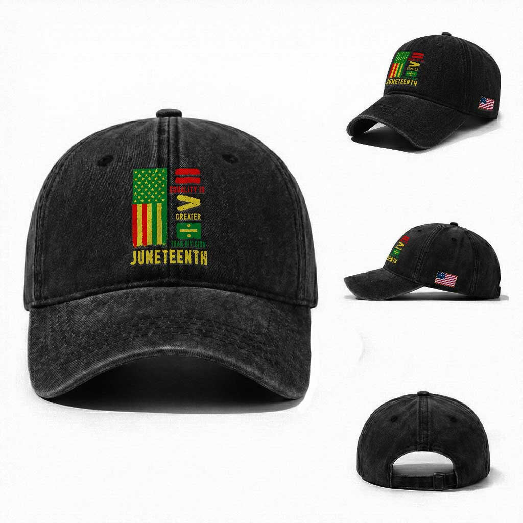 Juneteenth Equality Is Greater Than Division Washed Cotton Baseball Cap Juneteenth American Flag TS11 Washed Cap Universal Fit Black Print Your Wear
