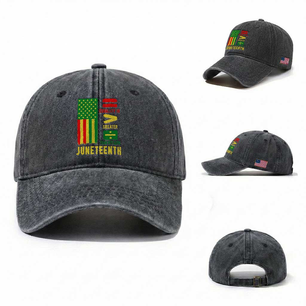 Juneteenth Equality Is Greater Than Division Washed Cotton Baseball Cap Juneteenth American Flag TS11 Washed Cap Universal Fit Dark Gray Print Your Wear