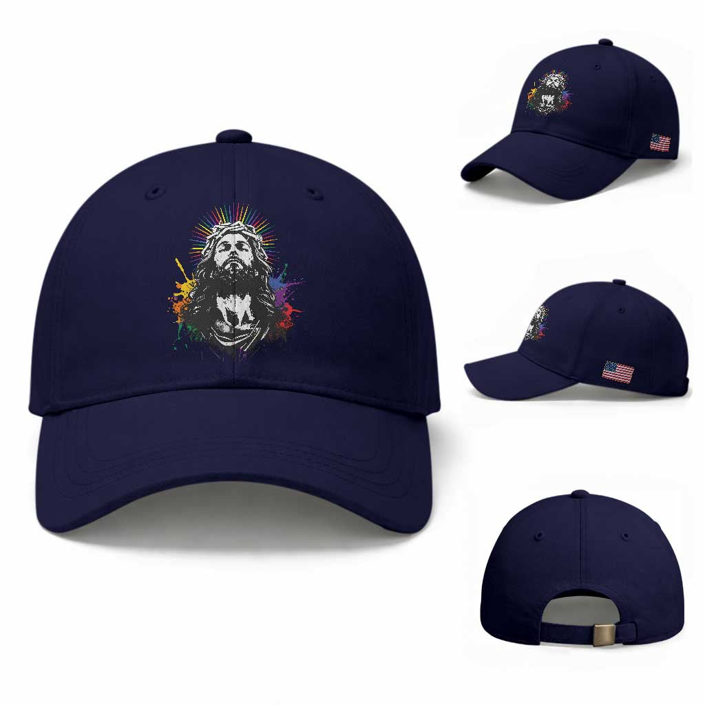 Funny LGBT Gay Pride Jesus Rainbow Flag Christian Baseball Cap TS11 Baseball Cap Universal Fit Dark Blue Print Your Wear