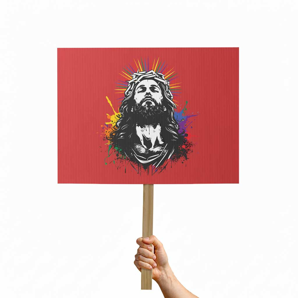 Funny LGBT Gay Pride Jesus Rainbow Flag Christian Protest Sign TS11 Horizontal 18