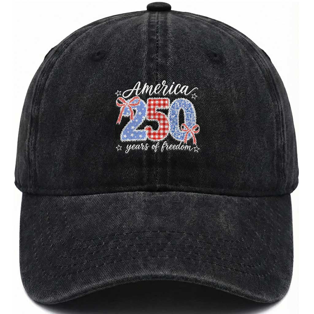 Girly America 250 Years Of Freedom Washed Cotton Baseball Cap 4th of July Coquette Bow TS11 Print Your Wear