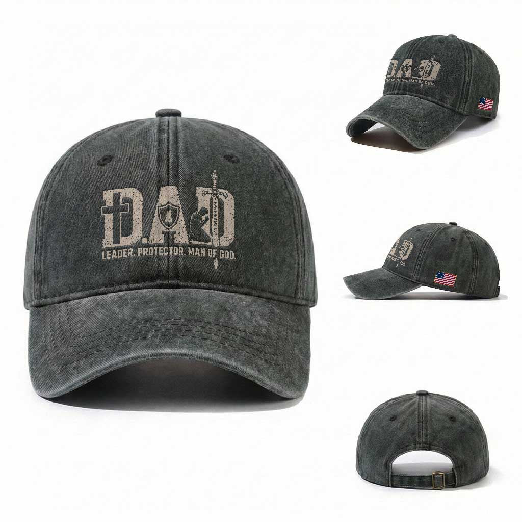 Christian Dad Washed Cotton Baseball Cap Father Leader Protector Man Of God TS11 Washed Cap Universal Fit Dark Green Print Your Wear