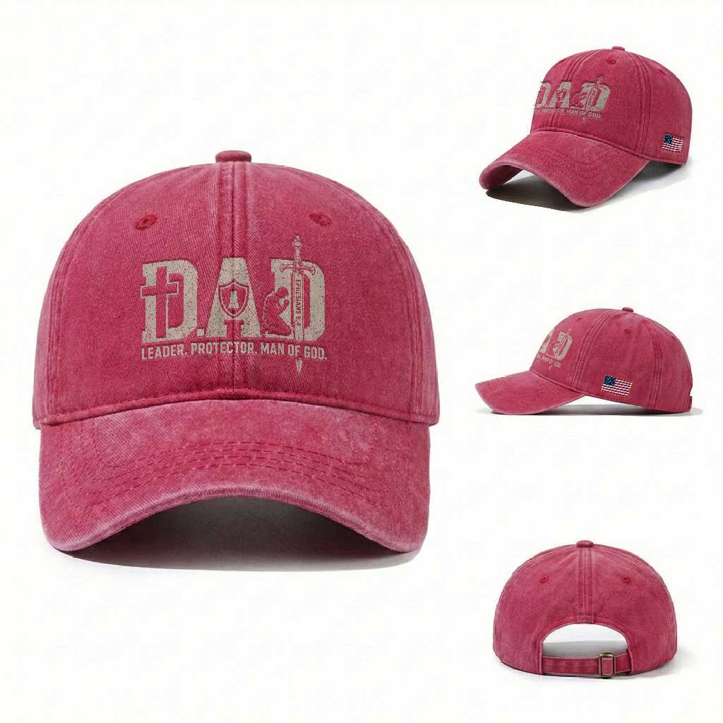 Christian Dad Washed Cotton Baseball Cap Father Leader Protector Man Of God TS11 Washed Cap Universal Fit Red Print Your Wear