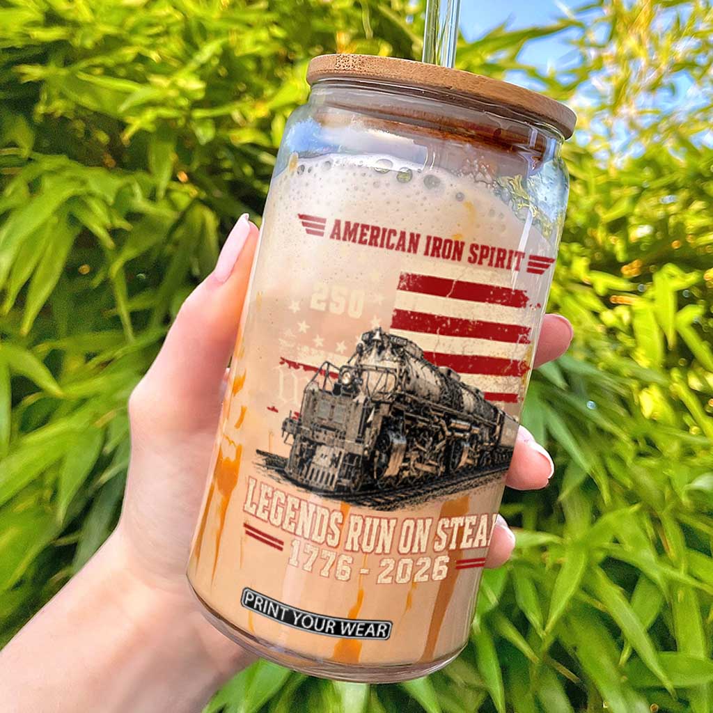 Train USA 250th Anniversary Glass Can American Iron Spirit Steam Locomotive Railroad Train Engine TS11 Black Print Your Wear