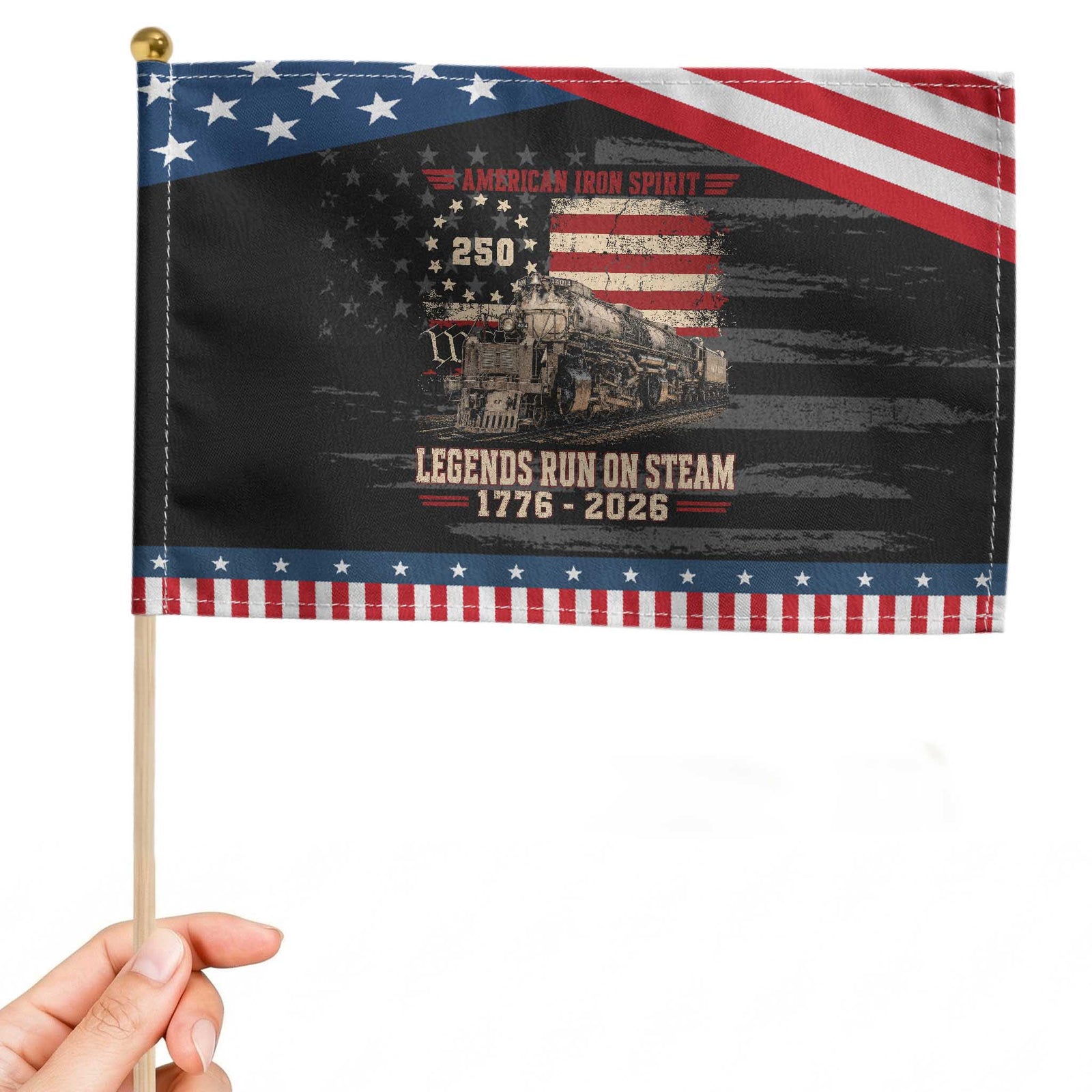 Train USA 250th Anniversary Patriotic Handheld Flag American Iron Spirit Steam Locomotive Railroad Train Engine TS11 Distressed 8.2