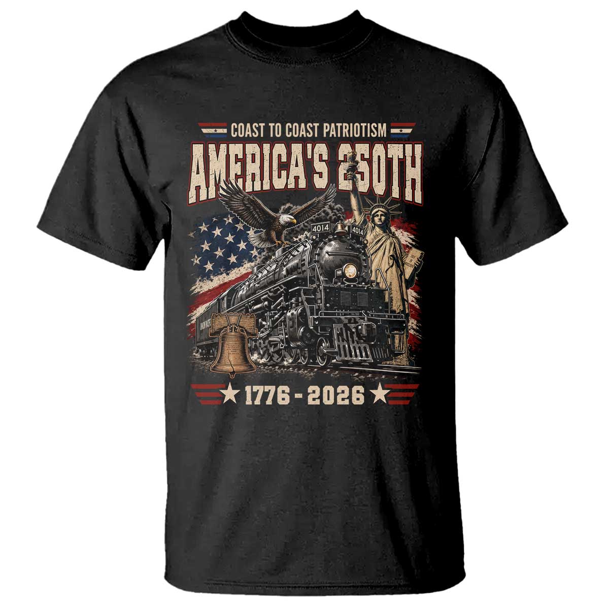 Steam Locomotive Train USA 250th Anniversary T Shirt Coast To Coast Patriotism Liberty American Flag TS11 Black Print Your Wear