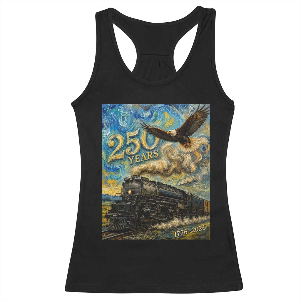 Train USA 250 Year Anniversary 1776 2026 Racerback Tank Top Van Gogh Art Steam Locomotive Railroad Starry Night TS11 Black Print Your Wear