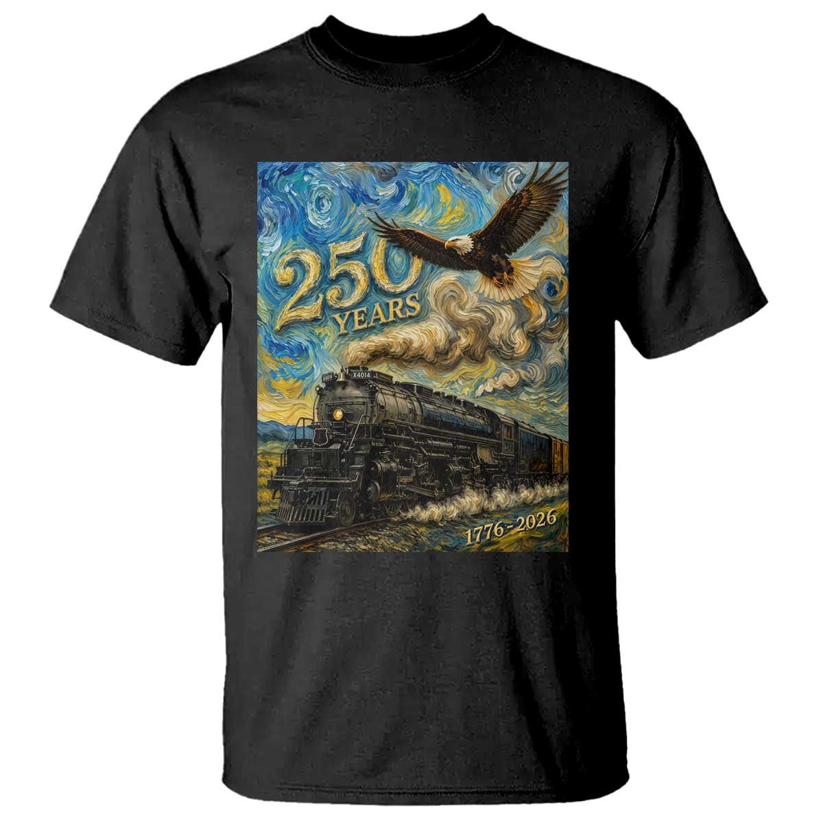 Train USA 250 Year Anniversary 1776 2026 T Shirt Van Gogh Art Steam Locomotive Railroad Starry Night TS11 Black Print Your Wear