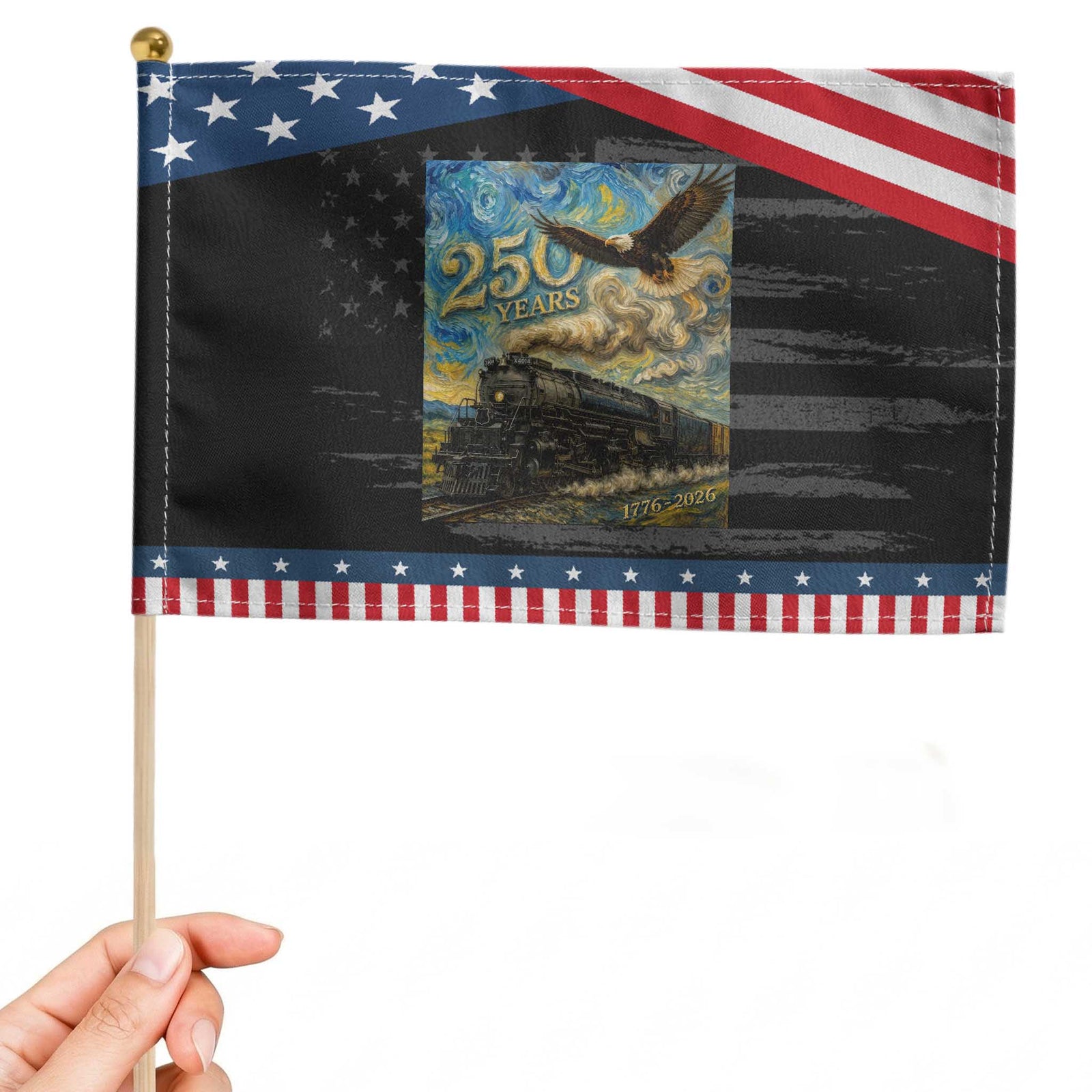 Train USA 250 Year Anniversary 1776 2026 Patriotic Handheld Flag Van Gogh Art Steam Locomotive Railroad Starry Night TS11 Distressed 8.2