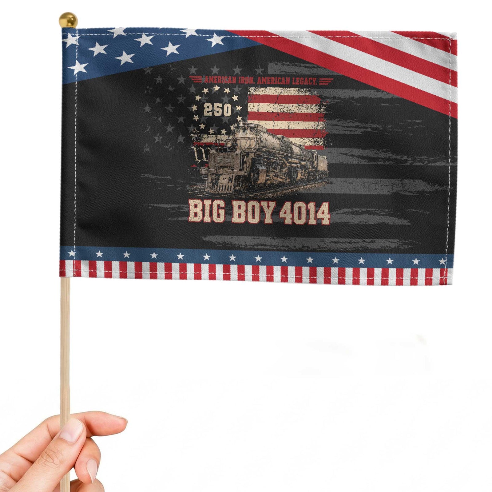 Train USA 250th Anniversary Patriotic Handheld Flag American Iron Legacy Steam Locomotive Railroad Train Engine TS11 Distressed 8.2