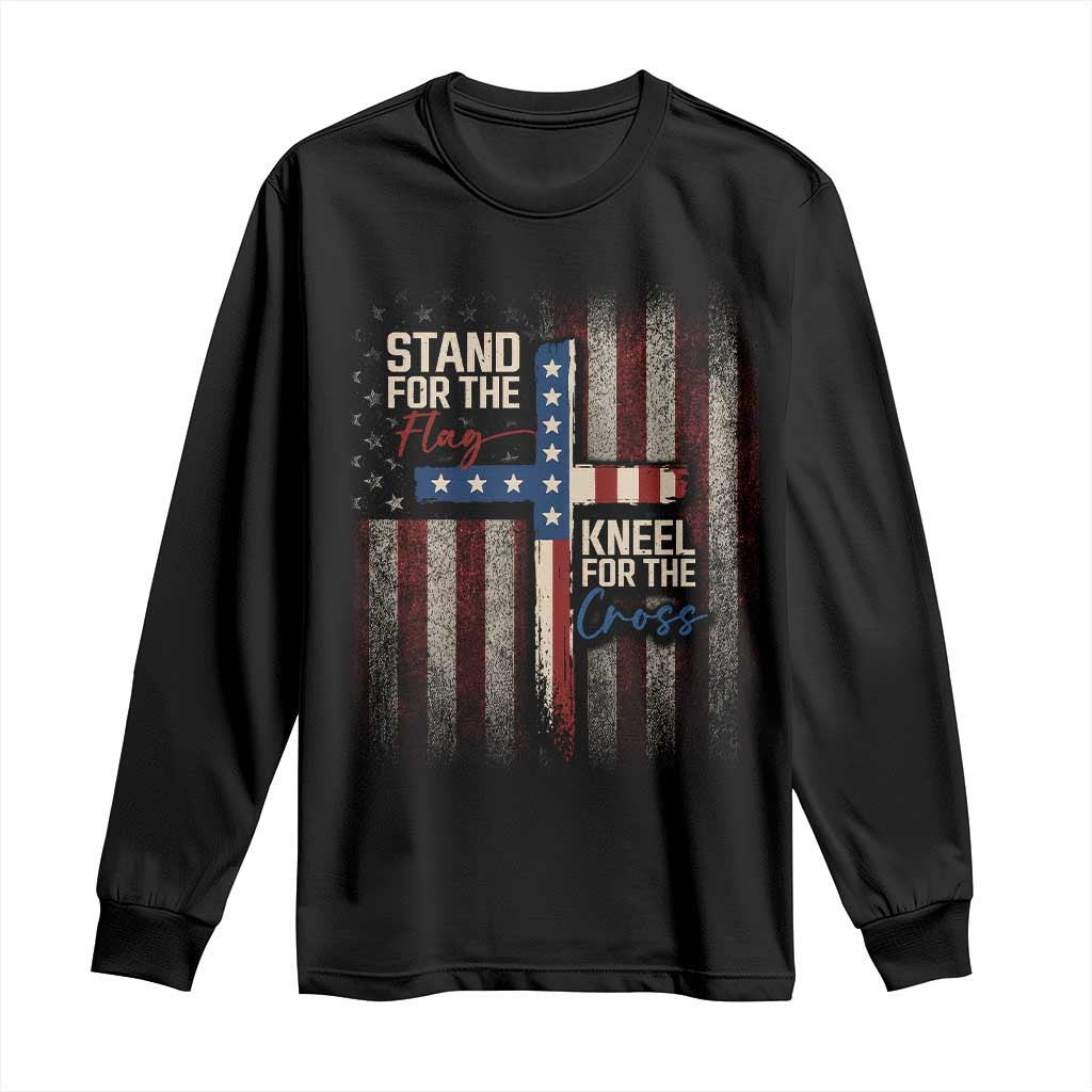 Stand For The Flag Kneel For The Cross Long Sleeve Shirt Patriotic Faith Vintage American Flag TS11 Black Print Your Wear