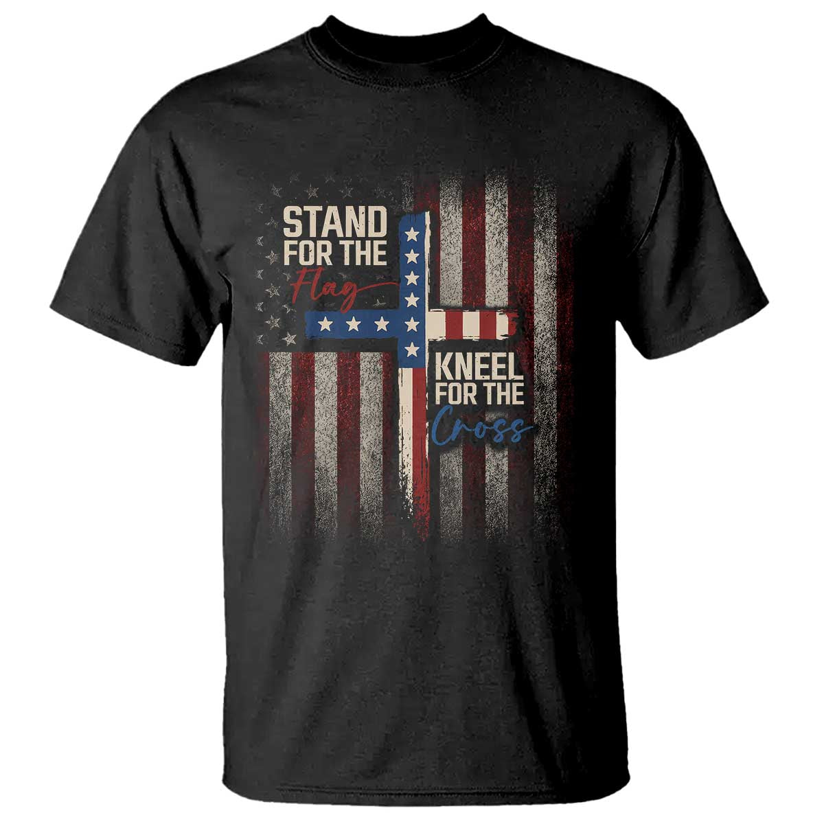 Stand For The Flag Kneel For The Cross T Shirt Patriotic Faith Vintage American Flag TS11 Black Print Your Wear