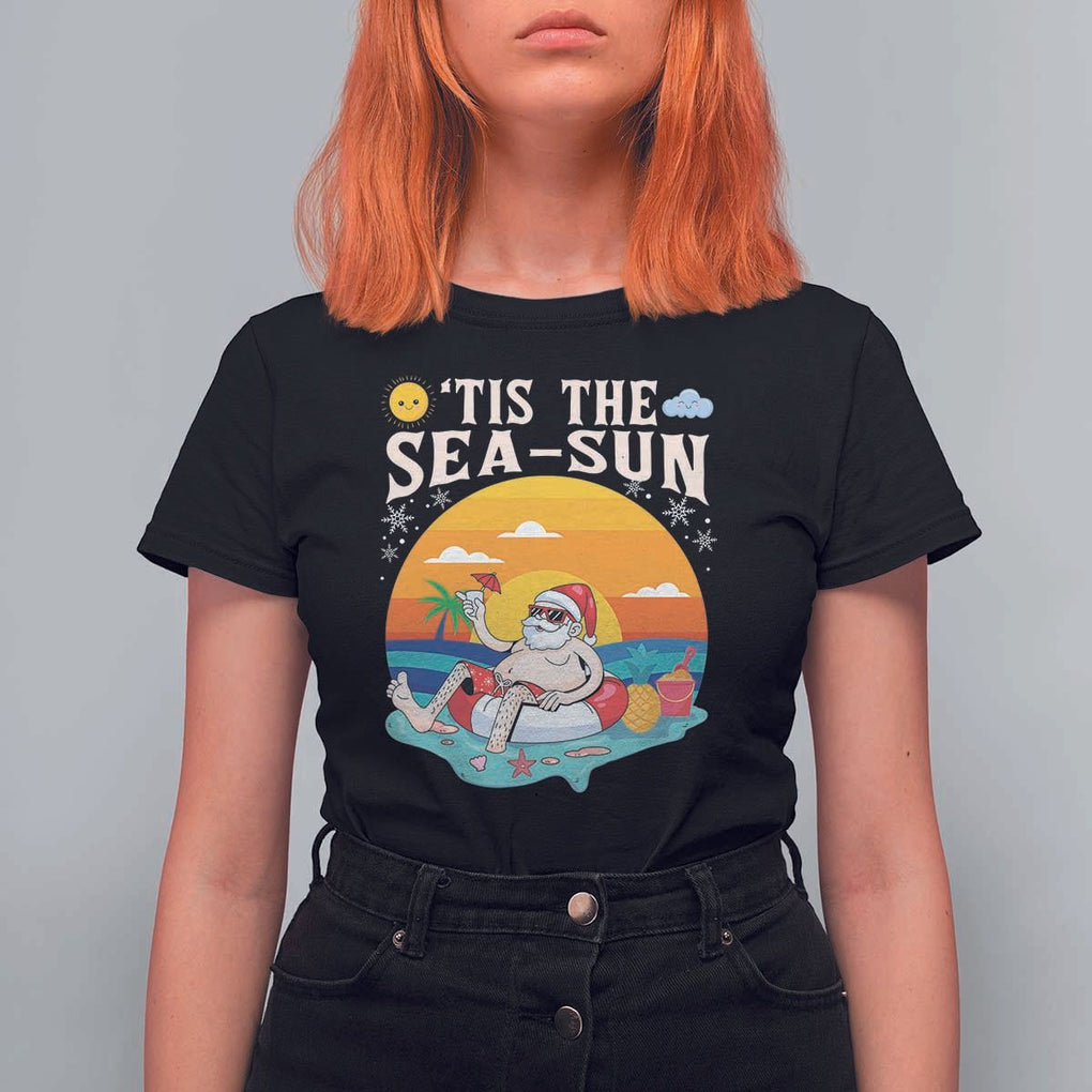 Funny Christmas In July T Shirt For Women Tis The Sea Sun Santa Beach Summer Season Xmas TS11 Black Print Your Wear