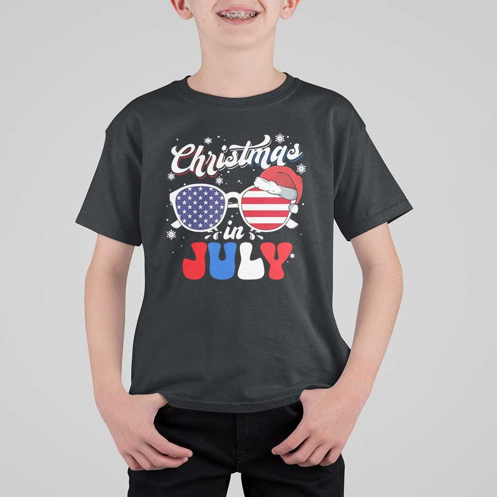 Christmas In July T Shirt For Kid Santa Hat Sunglasses USA Flag 4th Of July Xmas TS11 Black Print Your Wear