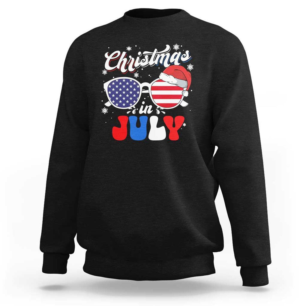 Christmas In July Sweatshirt Santa Hat Sunglasses USA Flag 4th Of July Xmas TS11 Black Print Your Wear