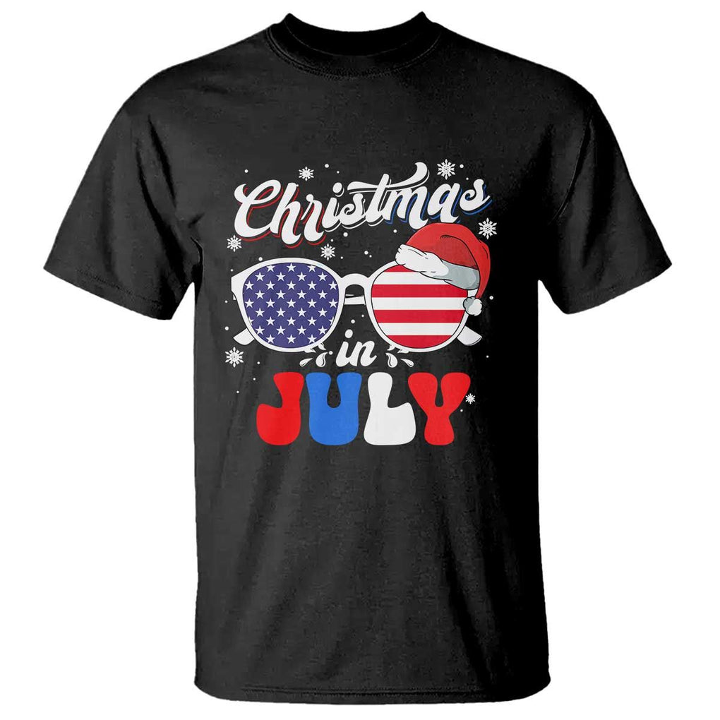 Christmas In July T Shirt Santa Hat Sunglasses USA Flag 4th Of July Xmas TS11 Black Print Your Wear