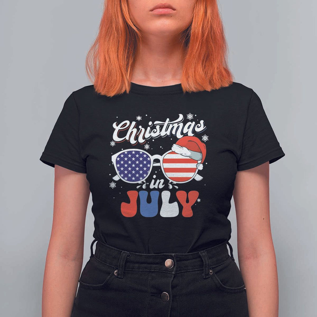 Christmas In July T Shirt For Women Santa Hat Sunglasses USA Flag 4th Of July Xmas TS11 Black Print Your Wear