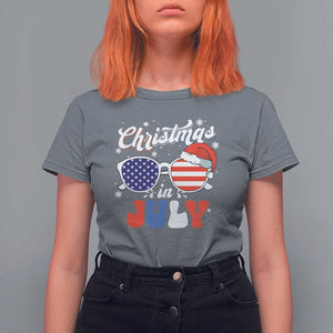 Christmas In July T Shirt For Women Santa Hat Sunglasses USA Flag 4th Of July Xmas TS11 Charcoal Print Your Wear