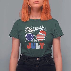 Christmas In July T Shirt For Women Santa Hat Sunglasses USA Flag 4th Of July Xmas TS11 Dark Forest Green Print Your Wear