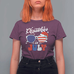 Christmas In July T Shirt For Women Santa Hat Sunglasses USA Flag 4th Of July Xmas TS11 Maroon Print Your Wear