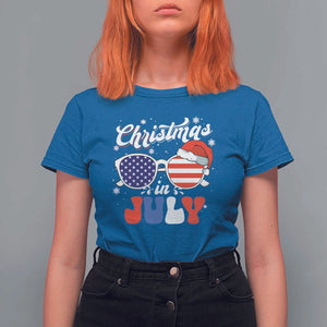 Christmas In July T Shirt For Women Santa Hat Sunglasses USA Flag 4th Of July Xmas TS11 Royal Blue Print Your Wear