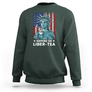 Funny 4th Of July Sweatshirt Sippin On Liber Tea Liberty USA Flag TS11 Dark Forest Green Print Your Wear