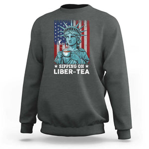 Funny 4th Of July Sweatshirt Sippin On Liber Tea Liberty USA Flag TS11 Dark Heather Print Your Wear