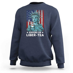 Funny 4th Of July Sweatshirt Sippin On Liber Tea Liberty USA Flag TS11 Navy Print Your Wear