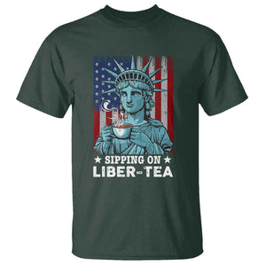 Funny 4th Of July T Shirt Sippin On Liber Tea Liberty USA Flag TS11 Dark Forest Green Print Your Wear