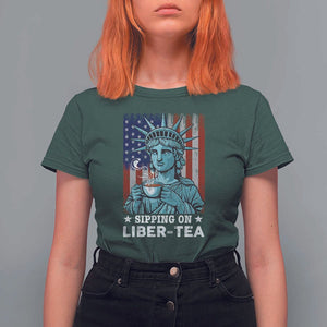 Funny 4th Of July T Shirt For Women Sippin On Liber Tea Liberty USA Flag TS11 Dark Forest Green Print Your Wear